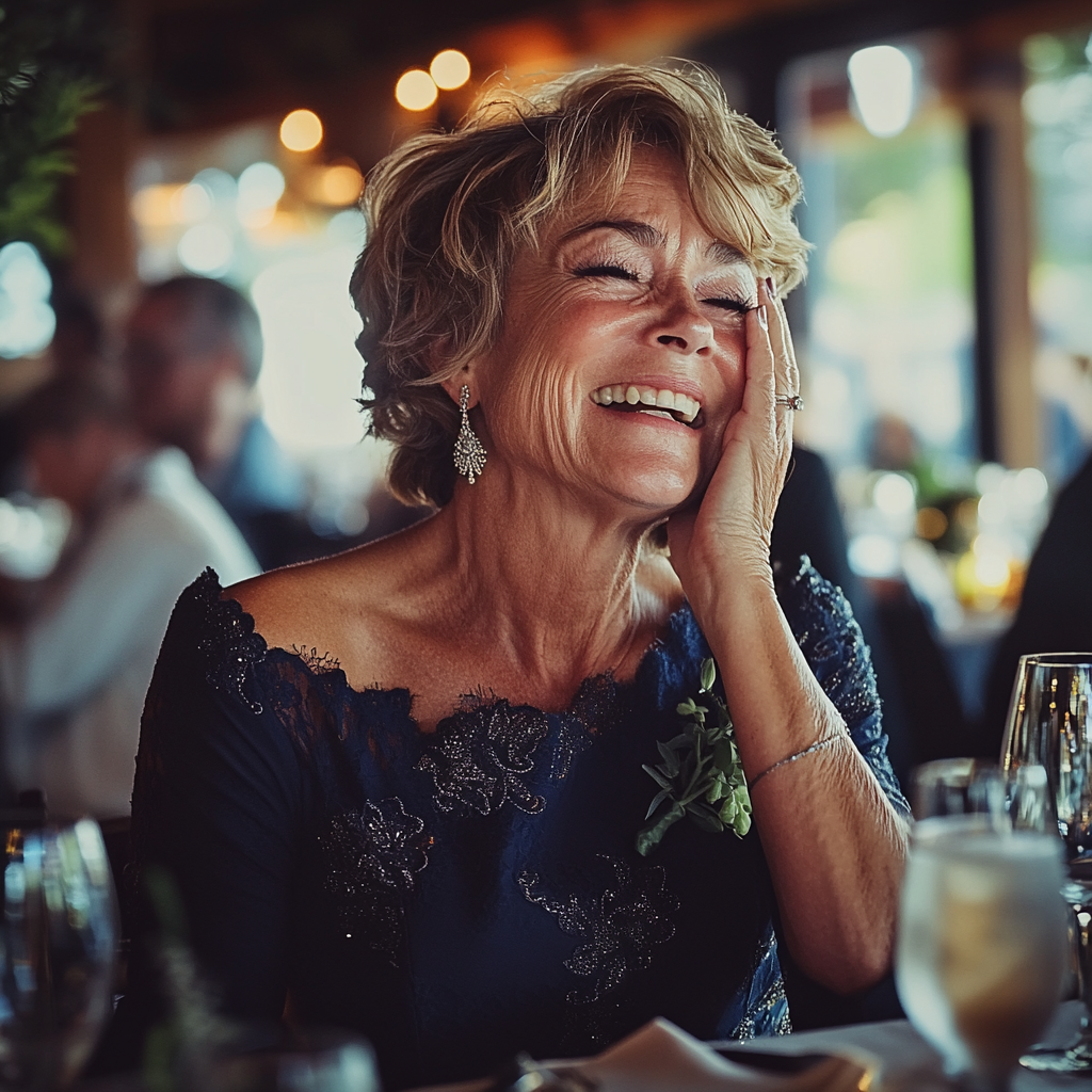 An emotional woman sitting at a table | Source: Midjourney