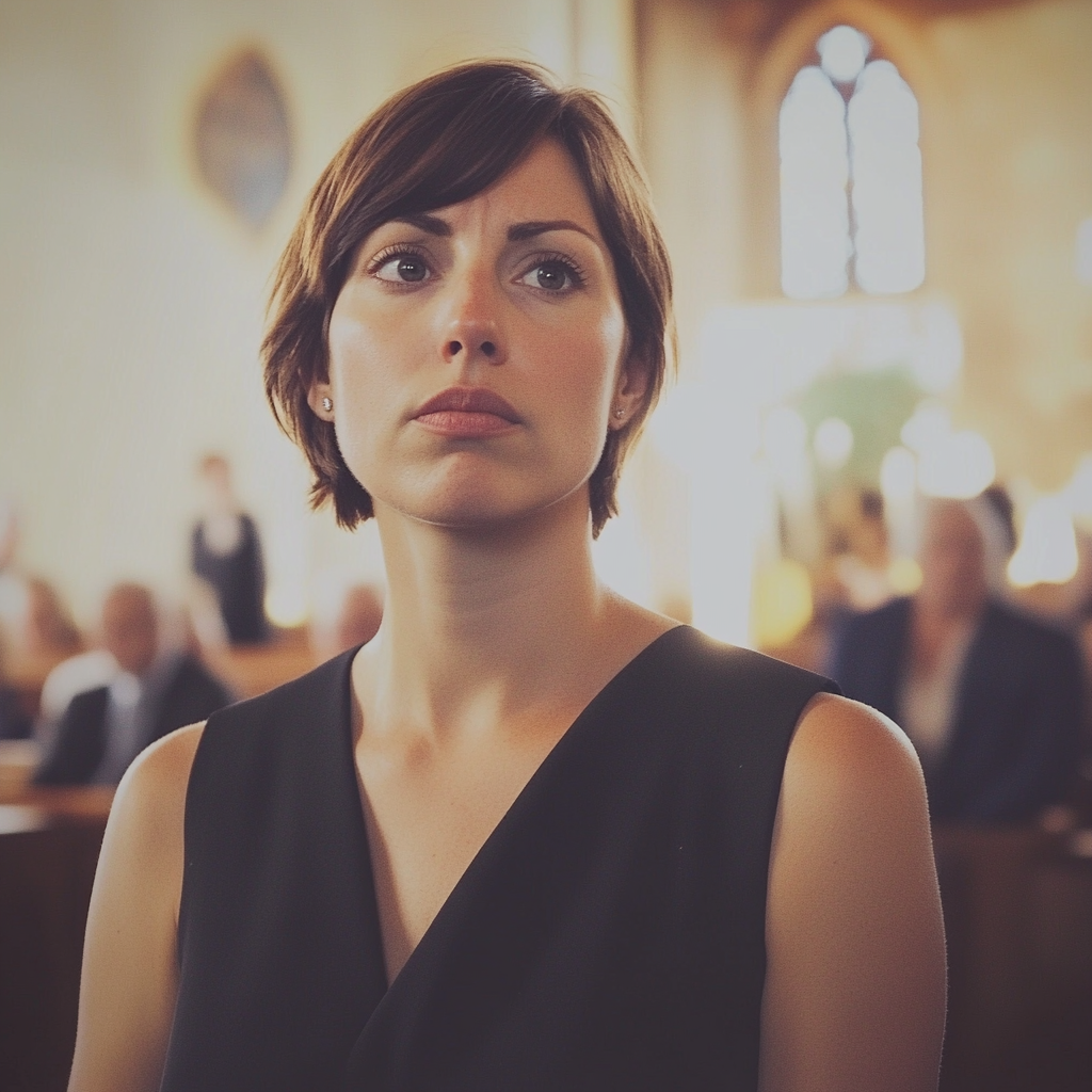 A frowning woman in a church | Source: Midjourney