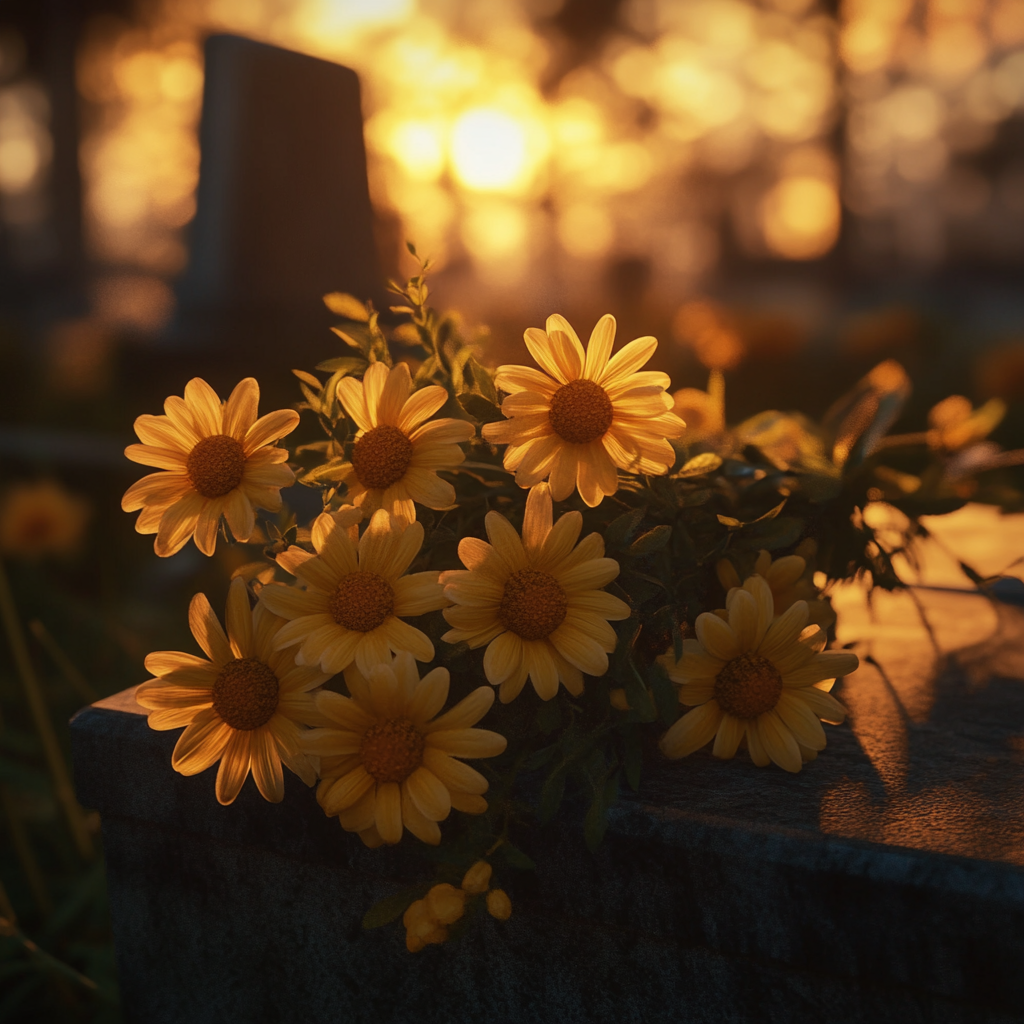 Un bouquet de marguerites jaunes sur une pierre tombale | Source : Midjourney