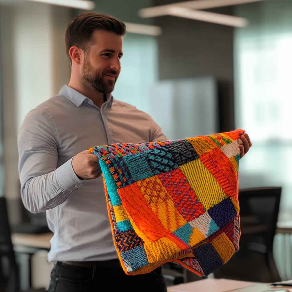 Man holding a colourful baby blanket | Source: Midjourney