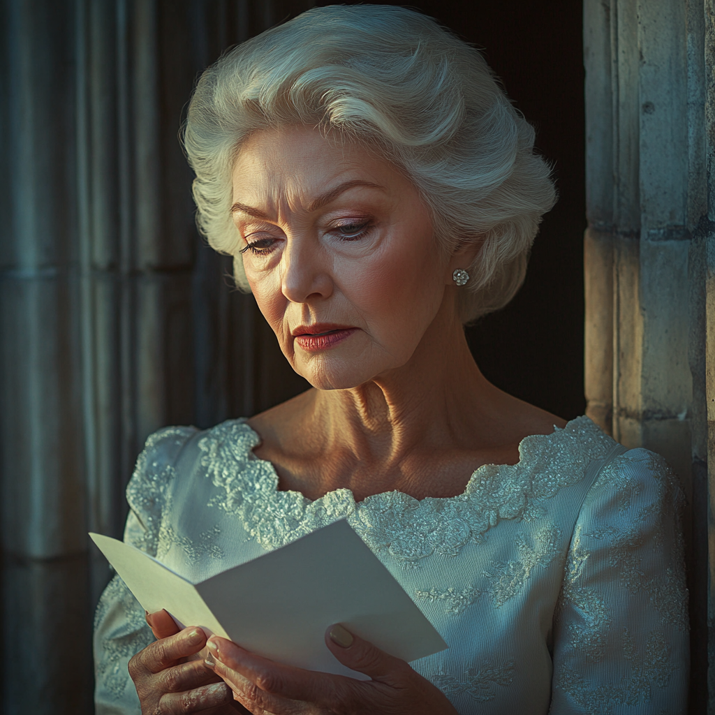 A sad older lady holding a letter | Source: Midjourney