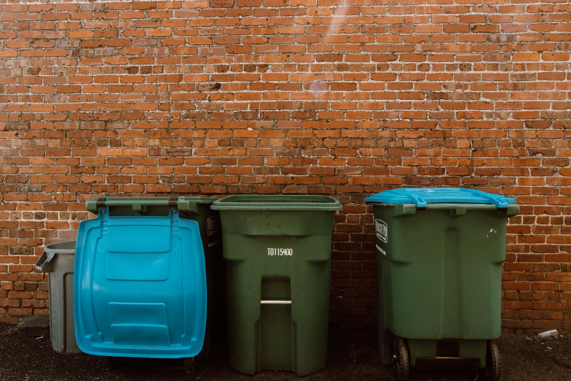 Trash cans in front of a wall | Source: Pexels
