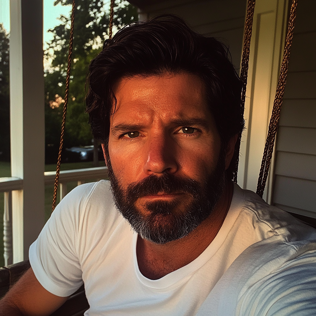 An emotional man sitting on a porch | Source: Midjourney