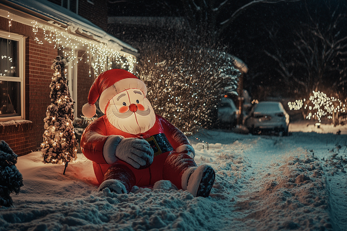 Inflatable Santa toppled over in a snowy yard | Source: Midjourney