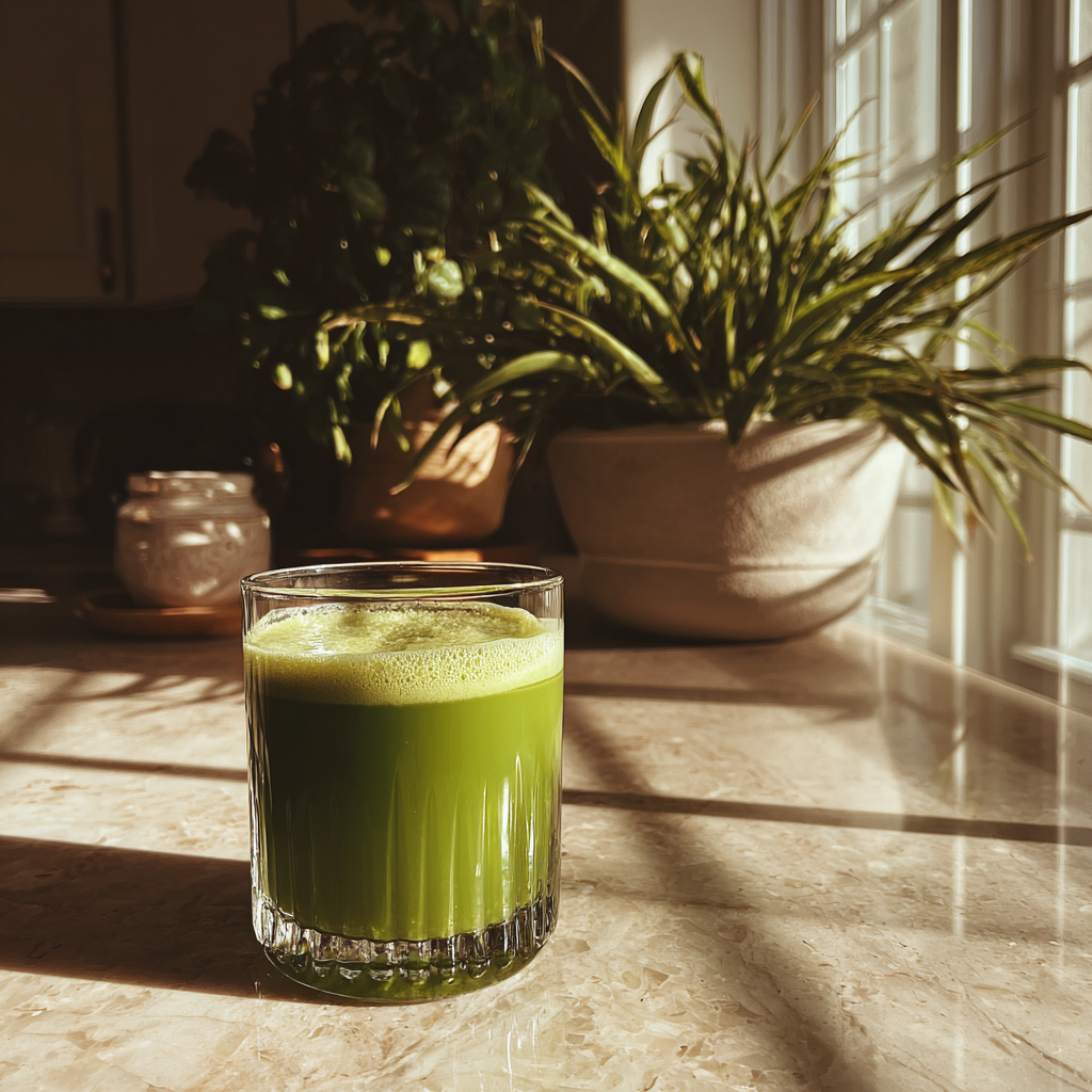 A glass of green juice on a counter | Source: Midjourney