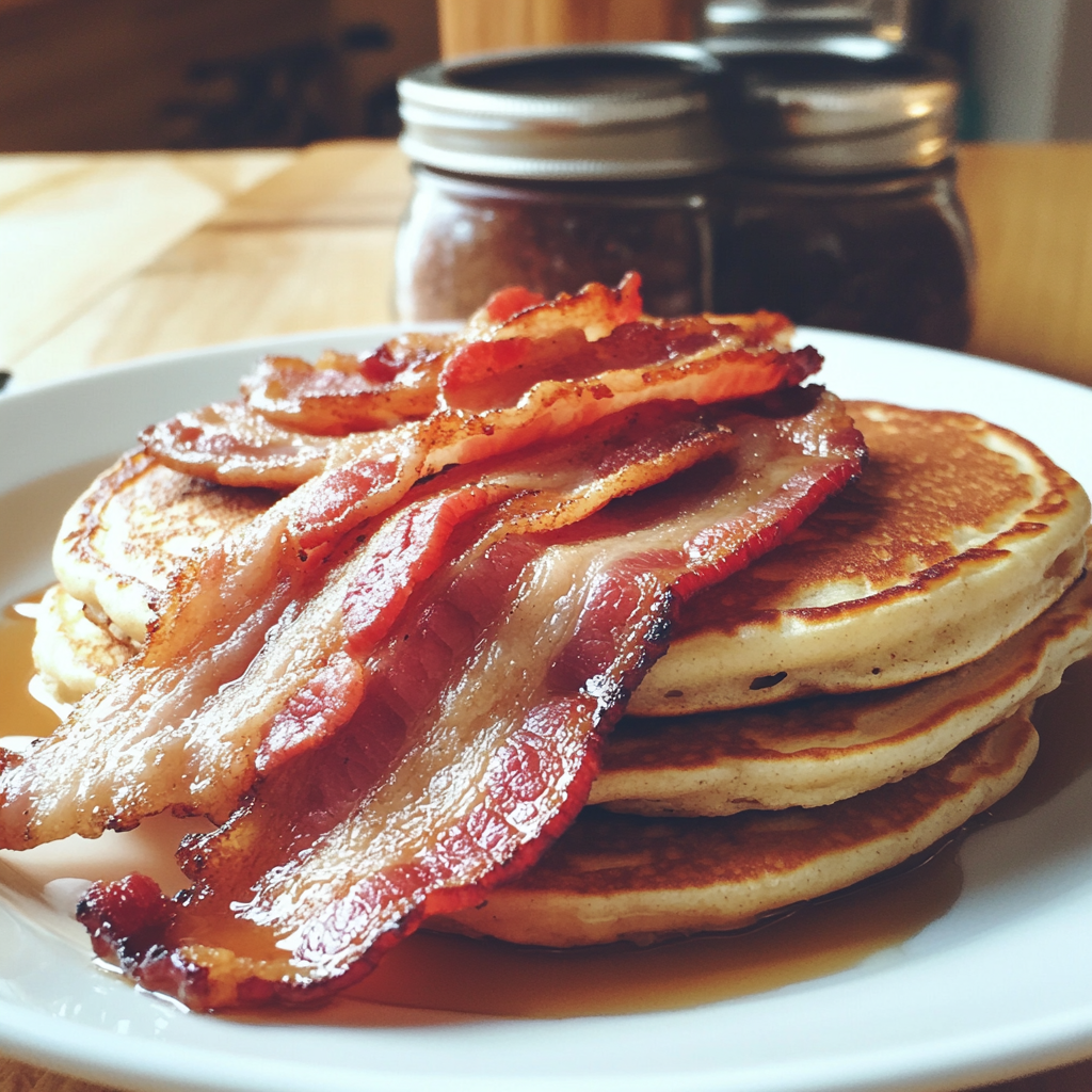 A plate of pancakes and bacon | Source: Midjourney