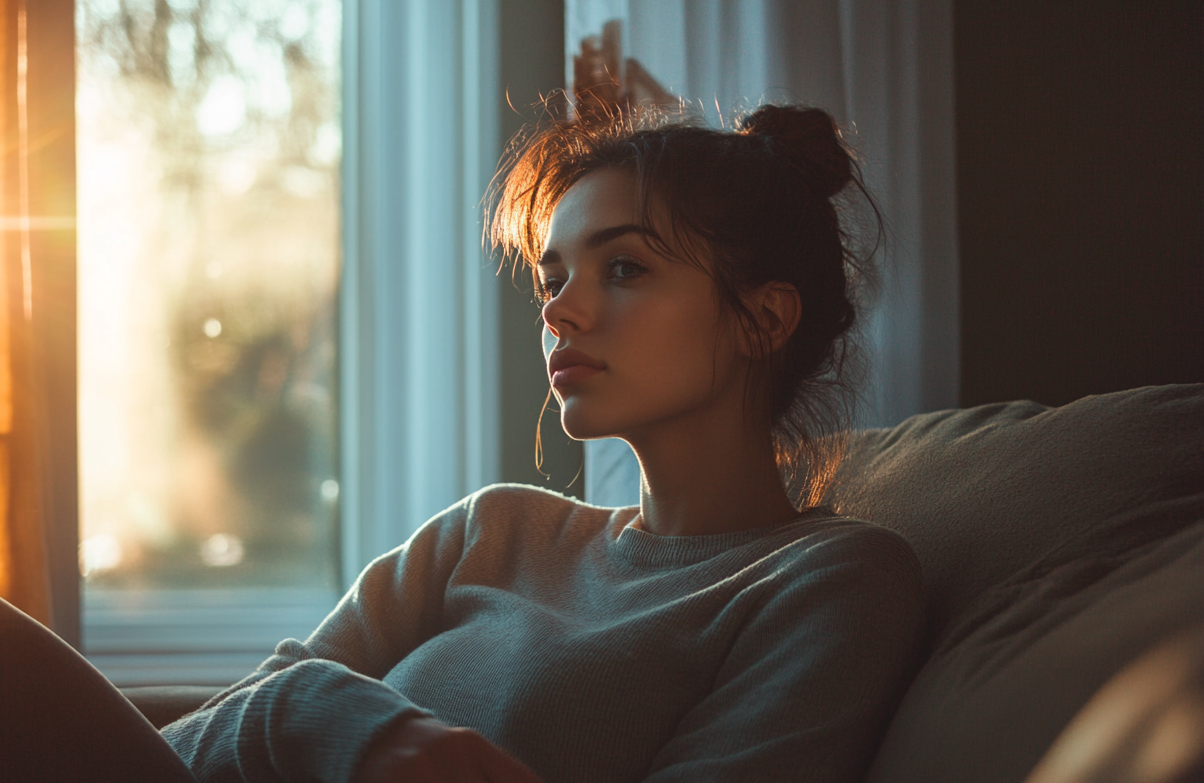 A woman sitting in her living room, thinking | Source: Midjourney