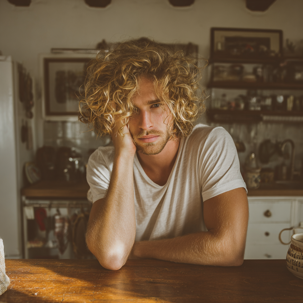 A man sitting at a kitchen counter | Source: Midjourney