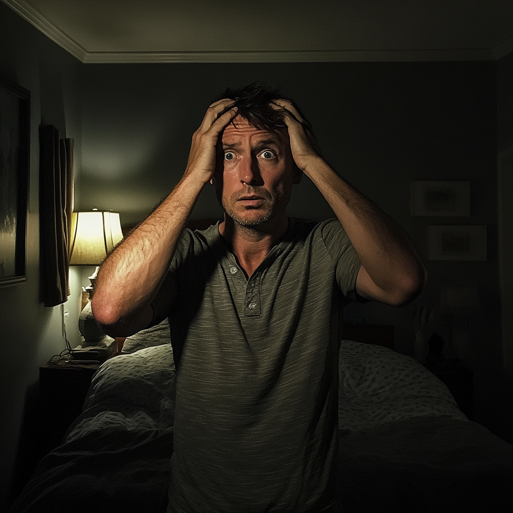 A man standing in a bedroom and holding his head | Source: Midjourney