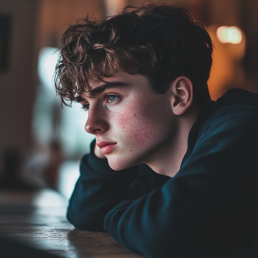 A sad boy sitting at his table | Source: Midjourney