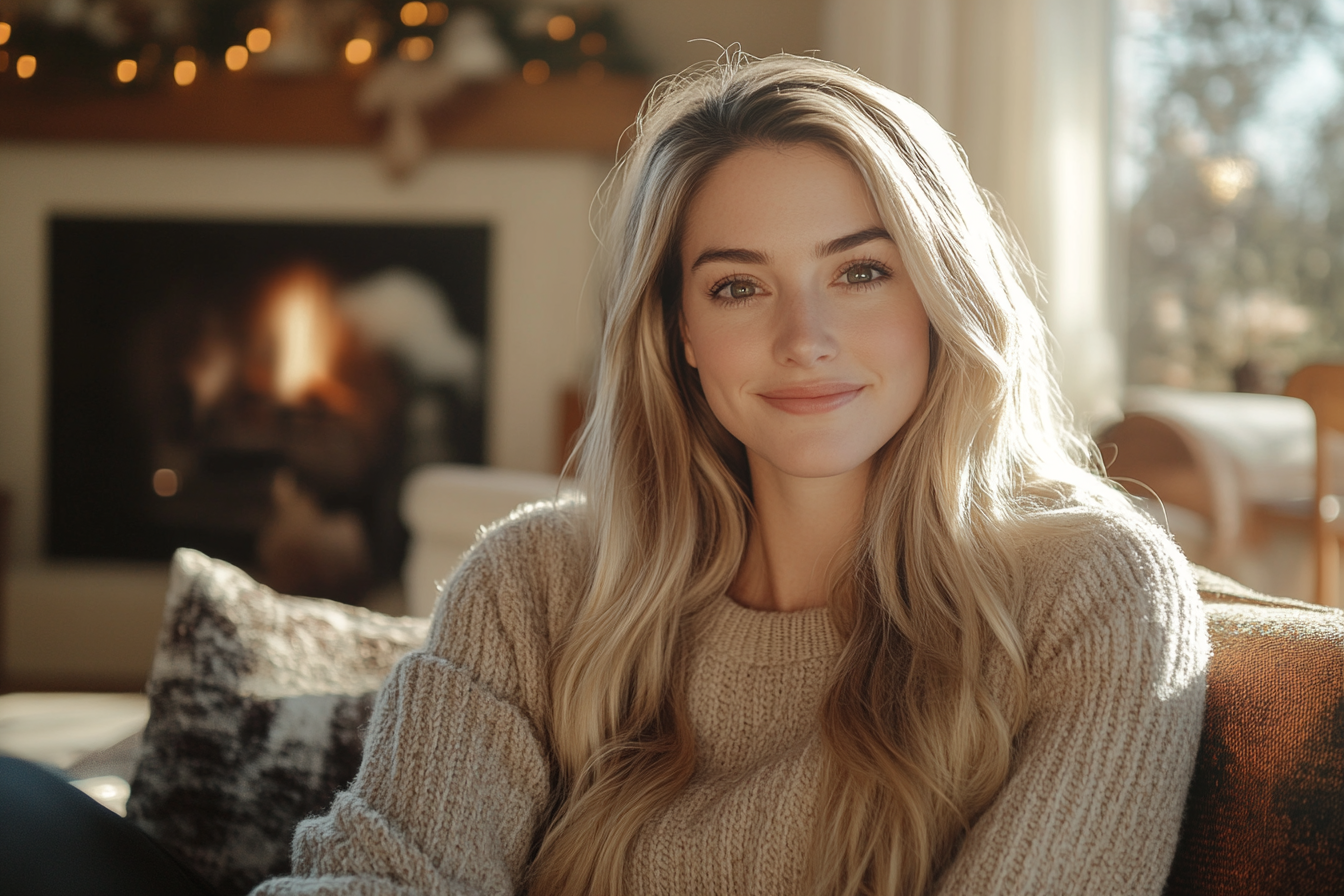 Woman smiling on a couch on Christmas morning | Source: Midjourney