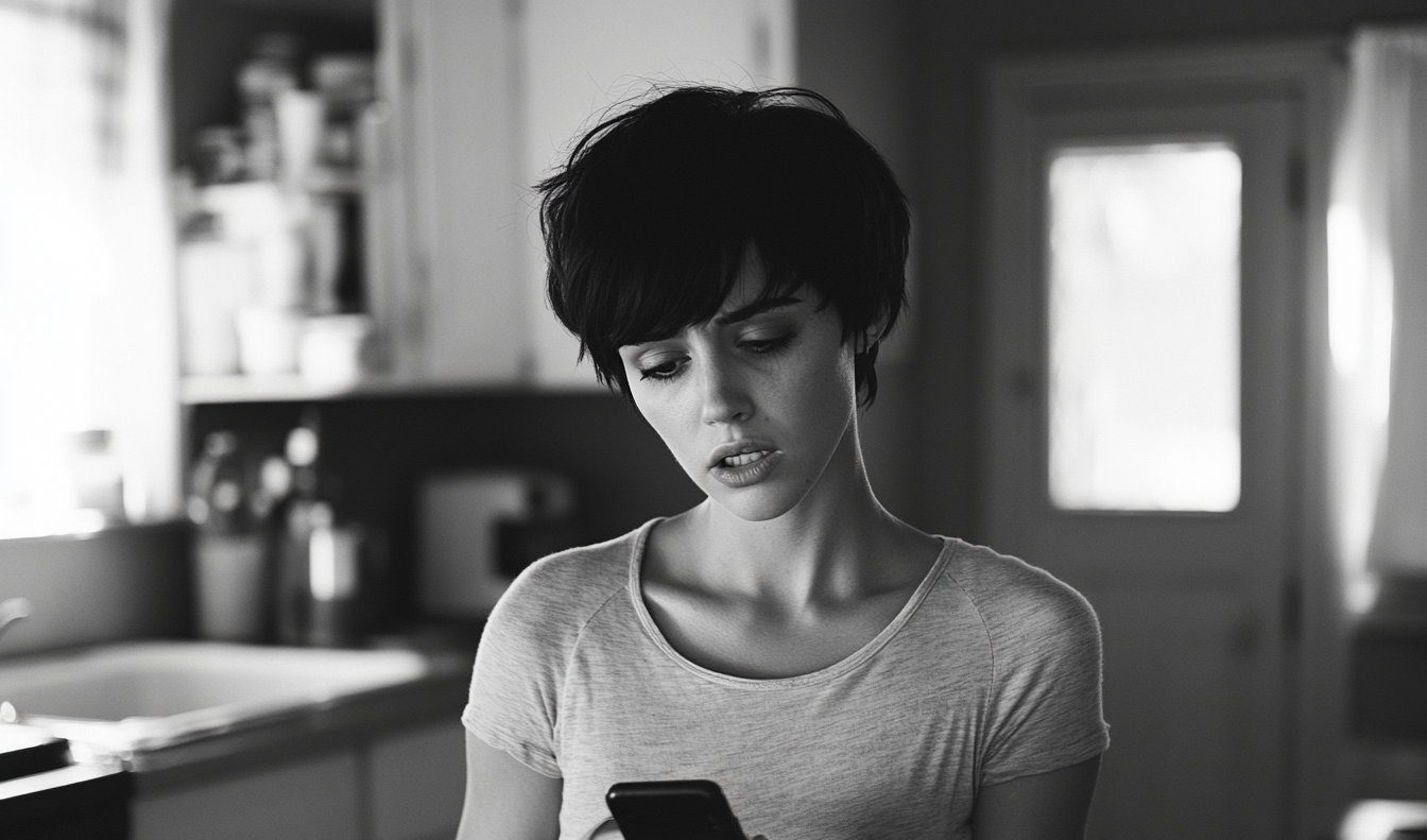 A woman standing in a kitchen looking at her phone | Source: Midjourney