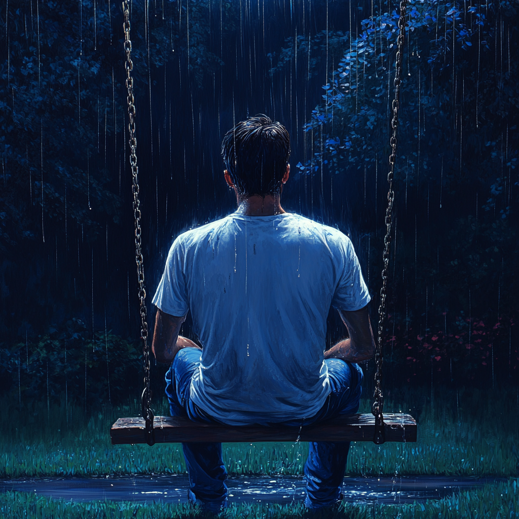 A man sitting on a swing on a rainy night | Source: Midjourney