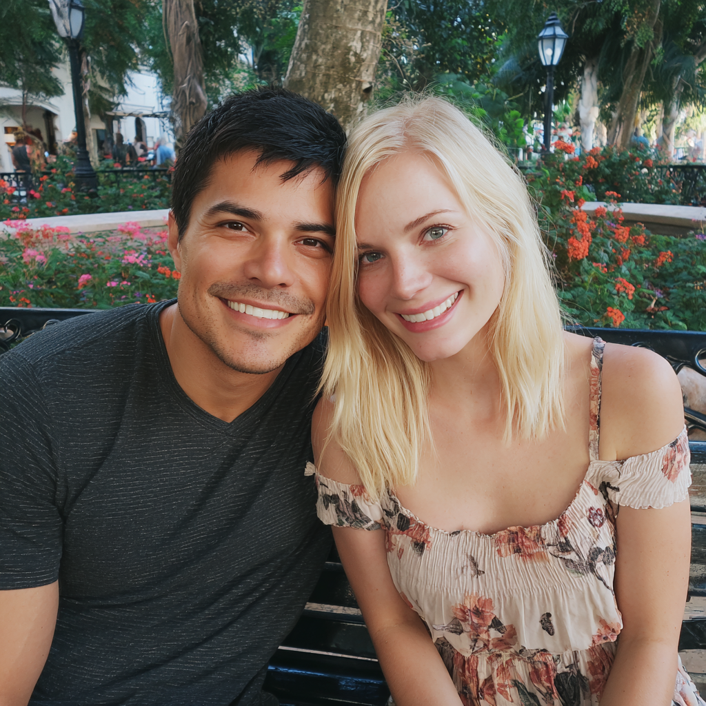 A smiling couple sitting on a bench together | Source: Midjourney