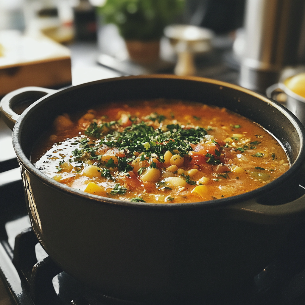 A pot of soup on a stove | Source: Midjourney