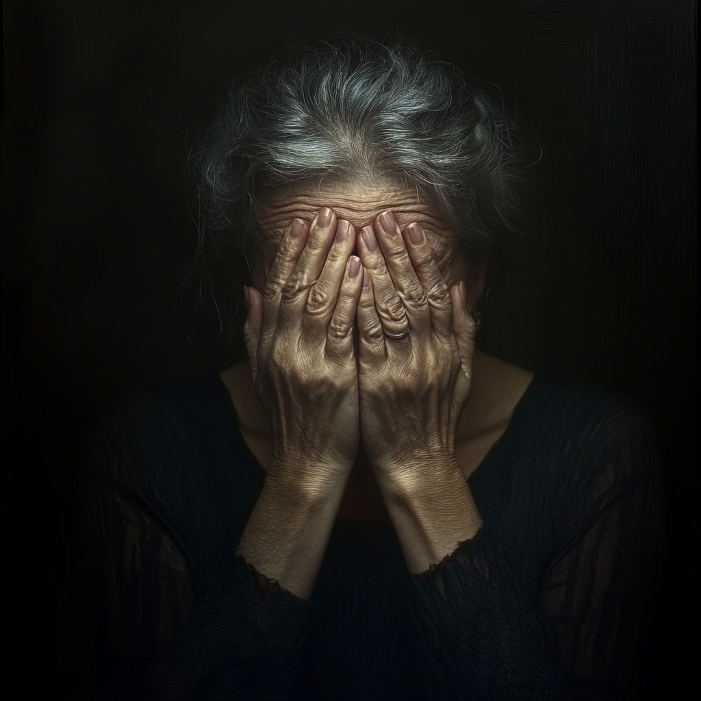 A woman covering her face with her hands | Source: Midjourney