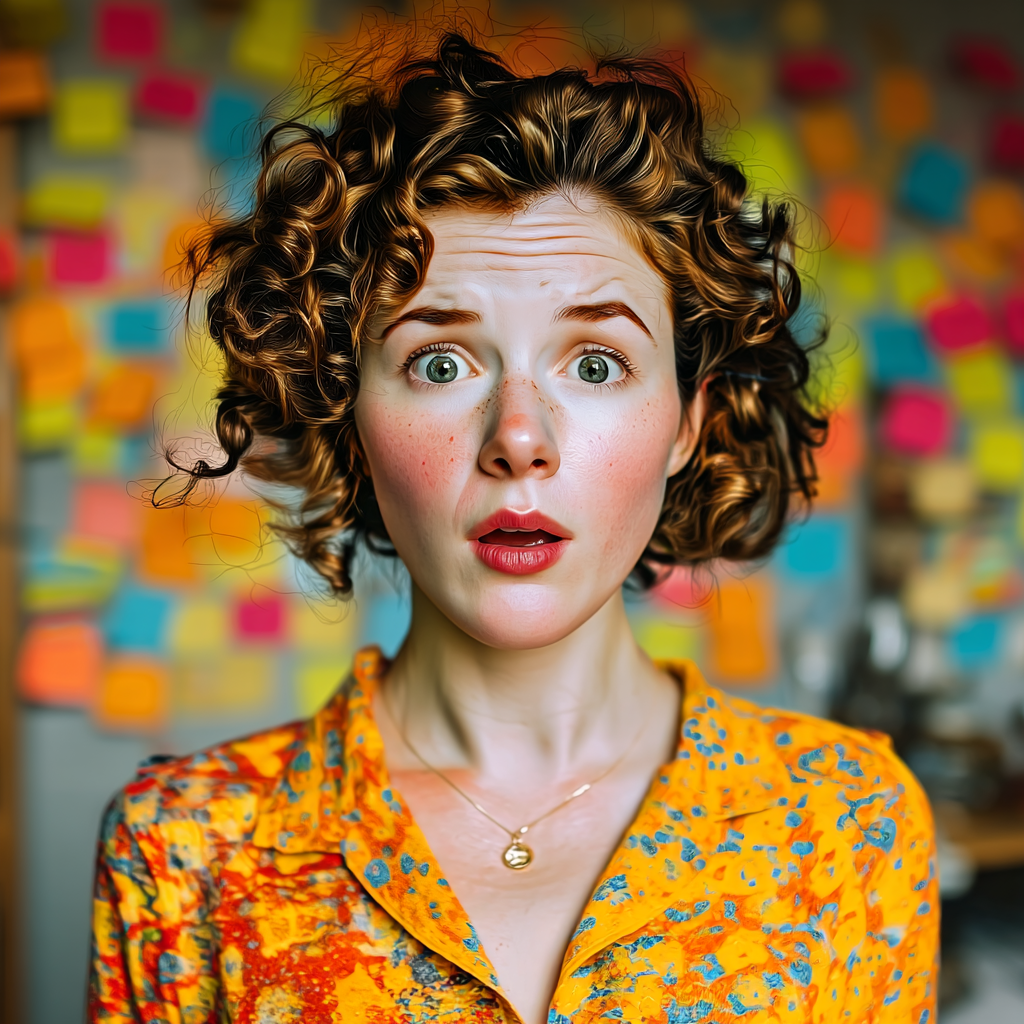 A shocked woman in a house full of sticky notes | Source: Midjourney