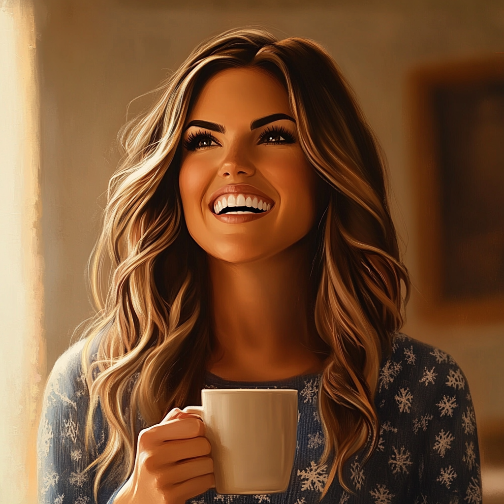 A cheerful woman holding a coffee cup | Source: Midjourney