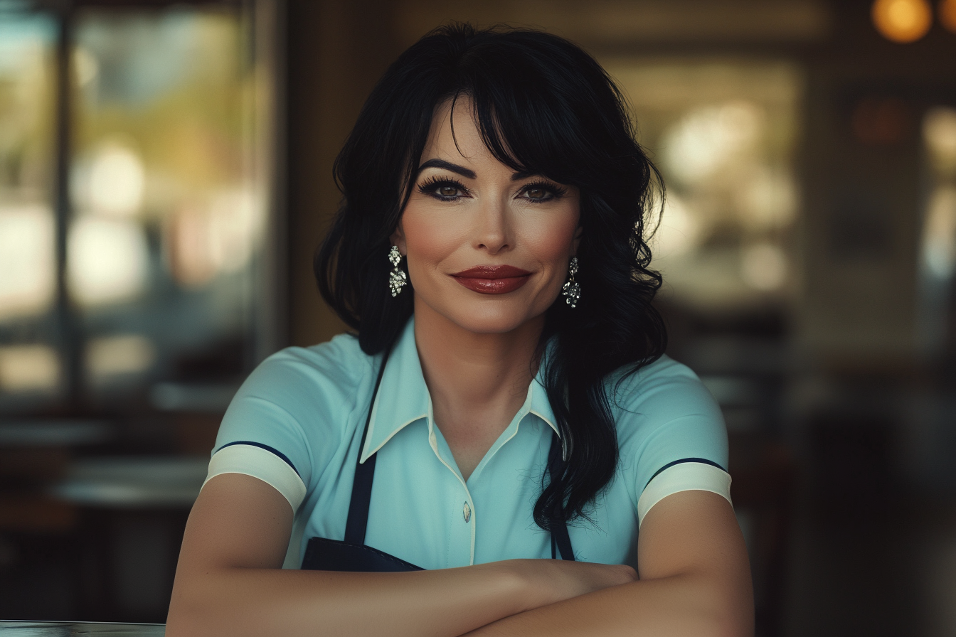 Mujer elegante con uniforme de camarera sentada en una mesa de café y sonriendo | Fuente: Midjourney