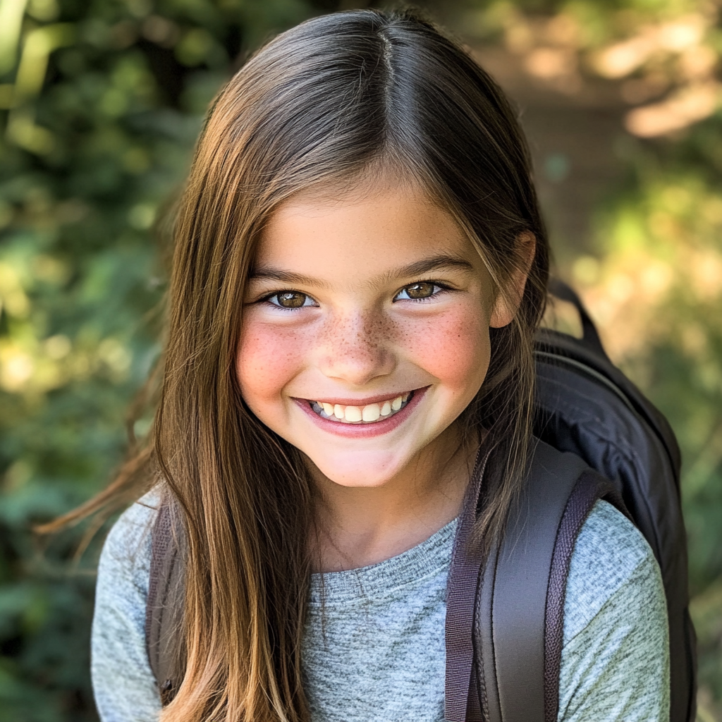 A smiling girl with a backpack | Source: Midjourney