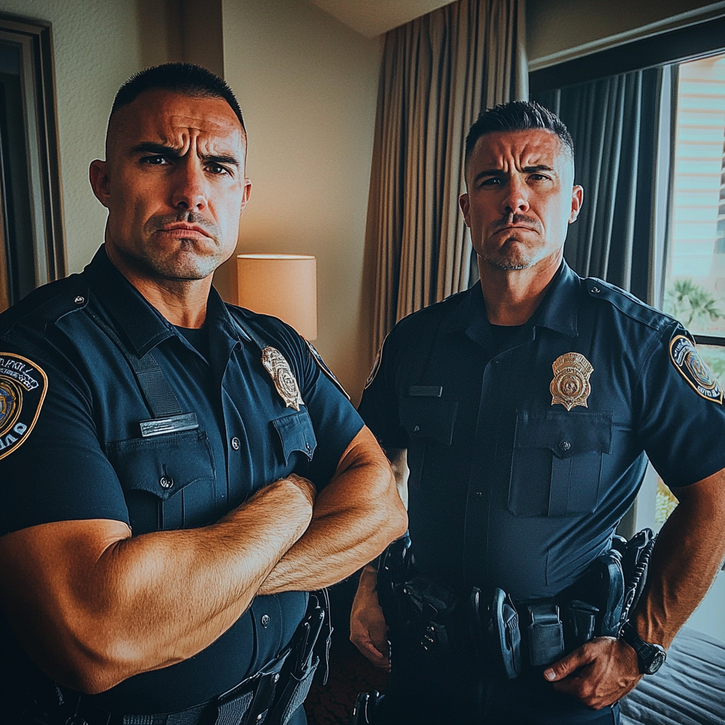 Two police officers standing in a hotel room | Source: Midjourney