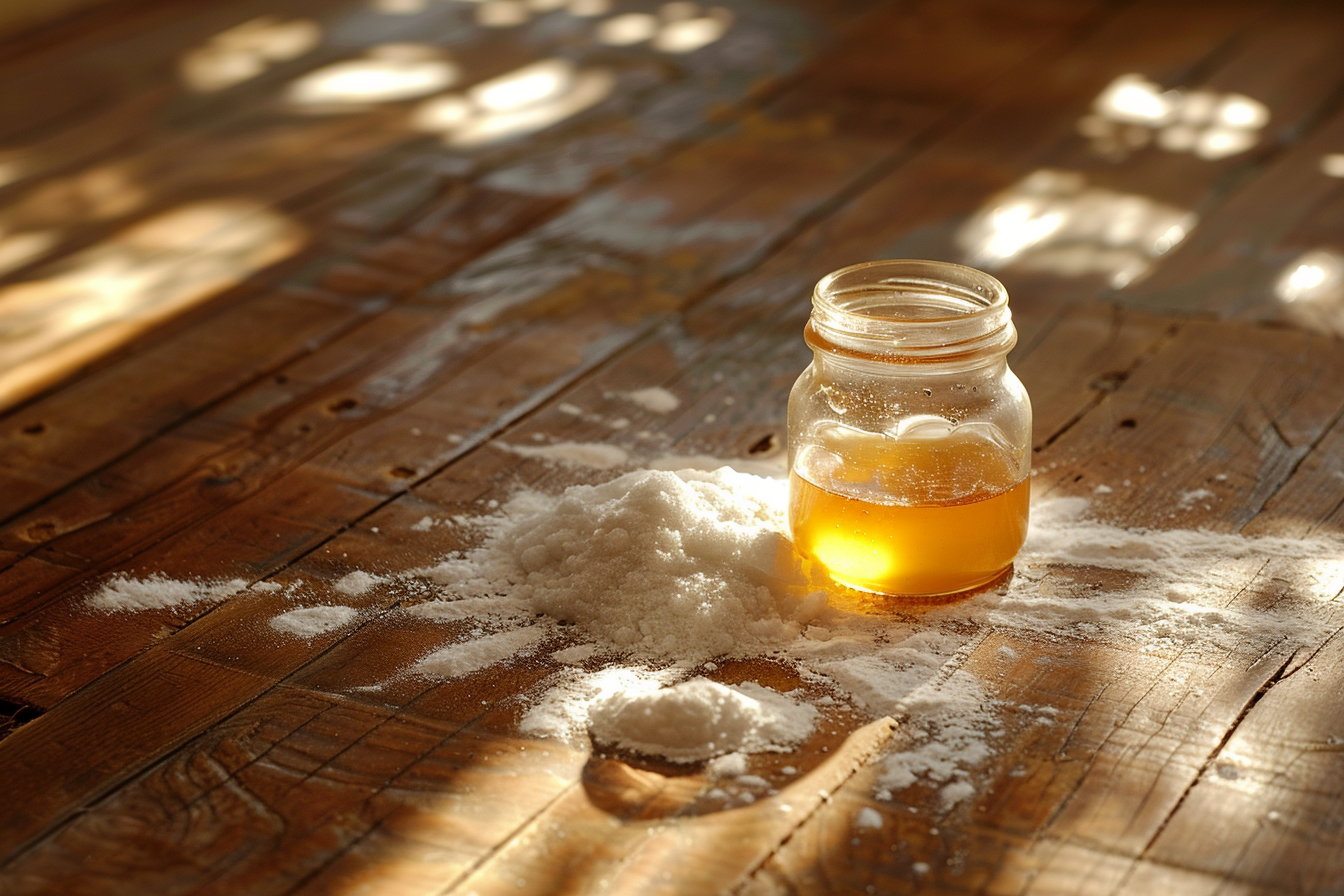 A bottle of honey near a small mound of powdered tile grout | Source: Midjourney