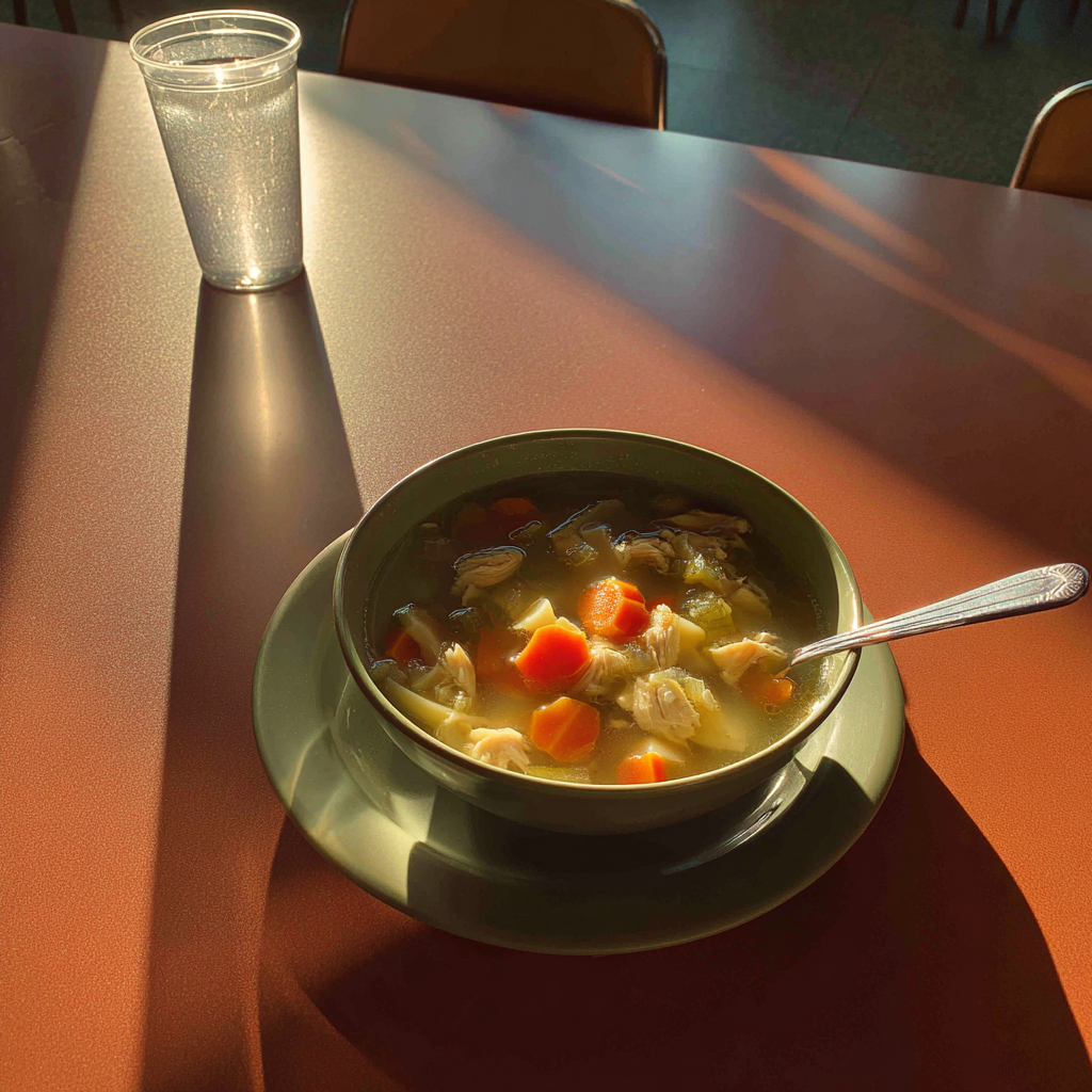 A bowl of chicken soup on a table | Source: Midjourney