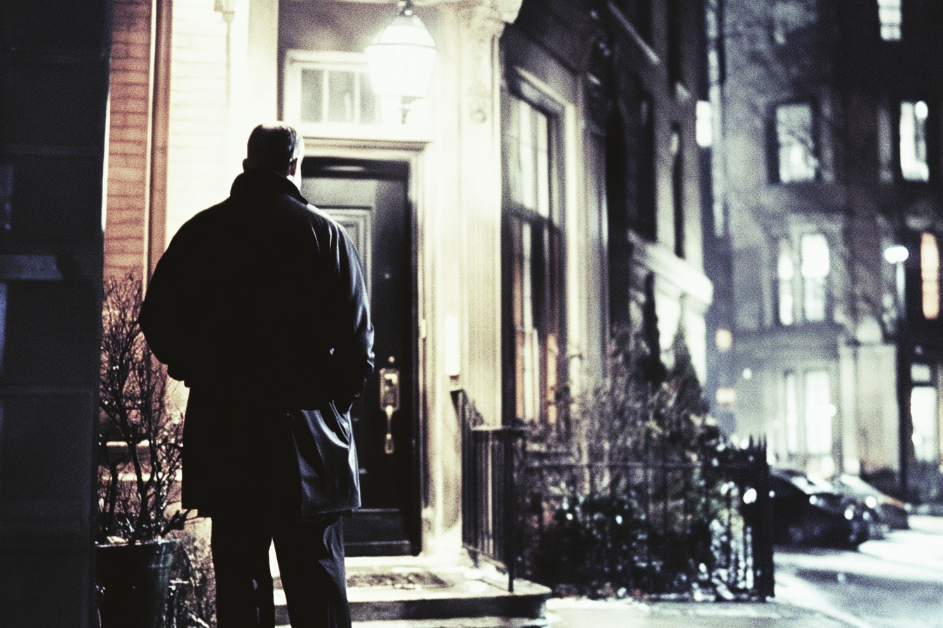 A man standing outside a house in a city | Source: Midjourney