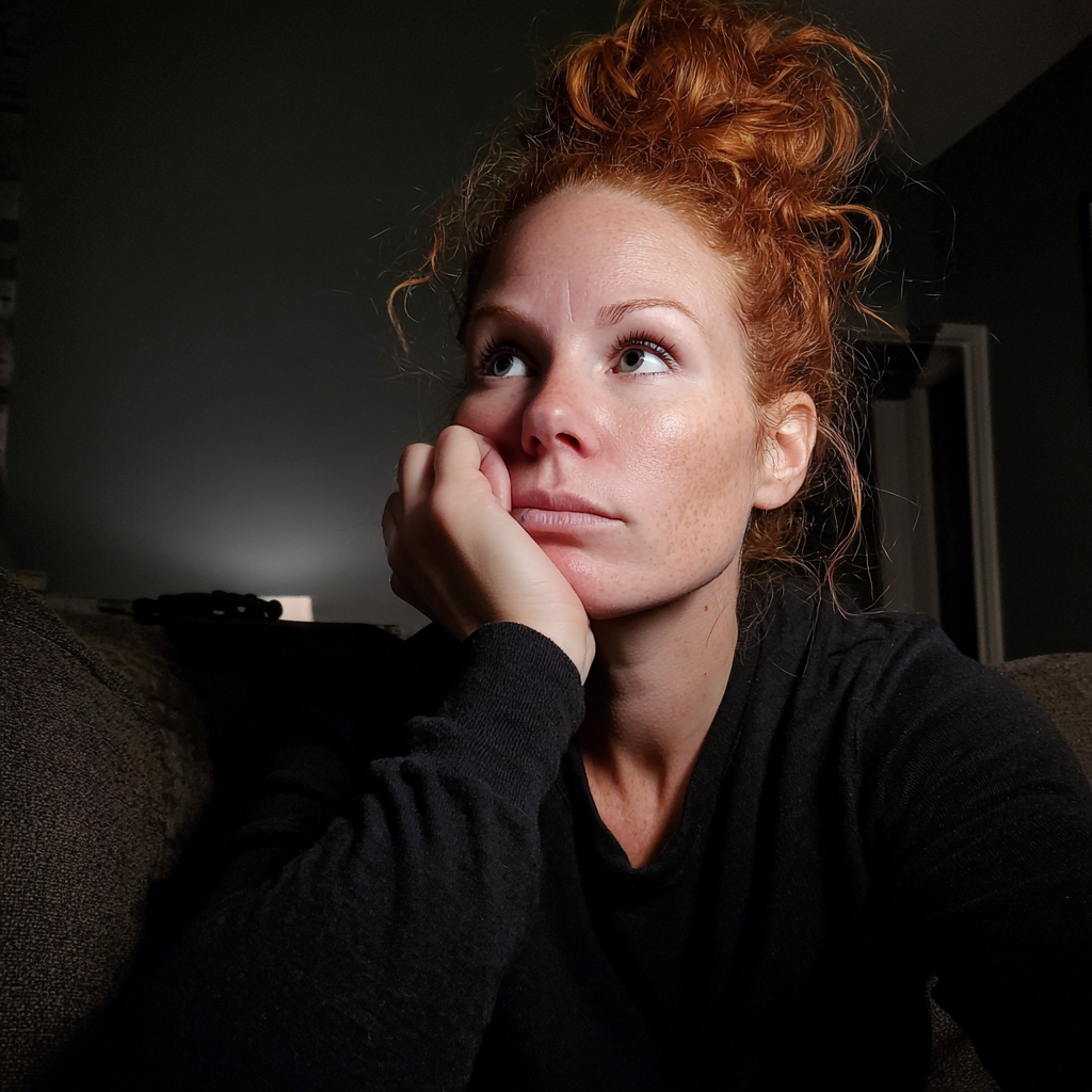 A woman sitting with her hair in a bun | Source: Midjourney