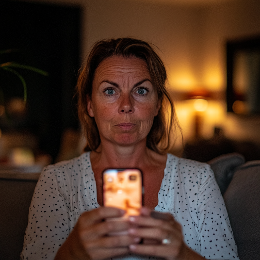 A woman holding her phone up in her living room | Source: Midjourney