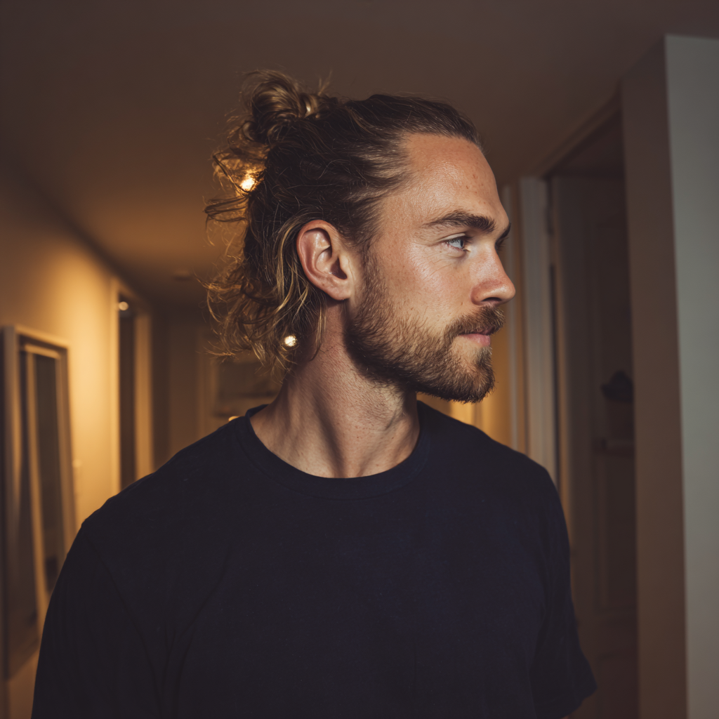 A man standing in an apartment hallway | Source: Midjourney