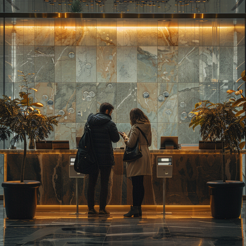 A man and women at the reception area of a hotel | Source: Midjourney