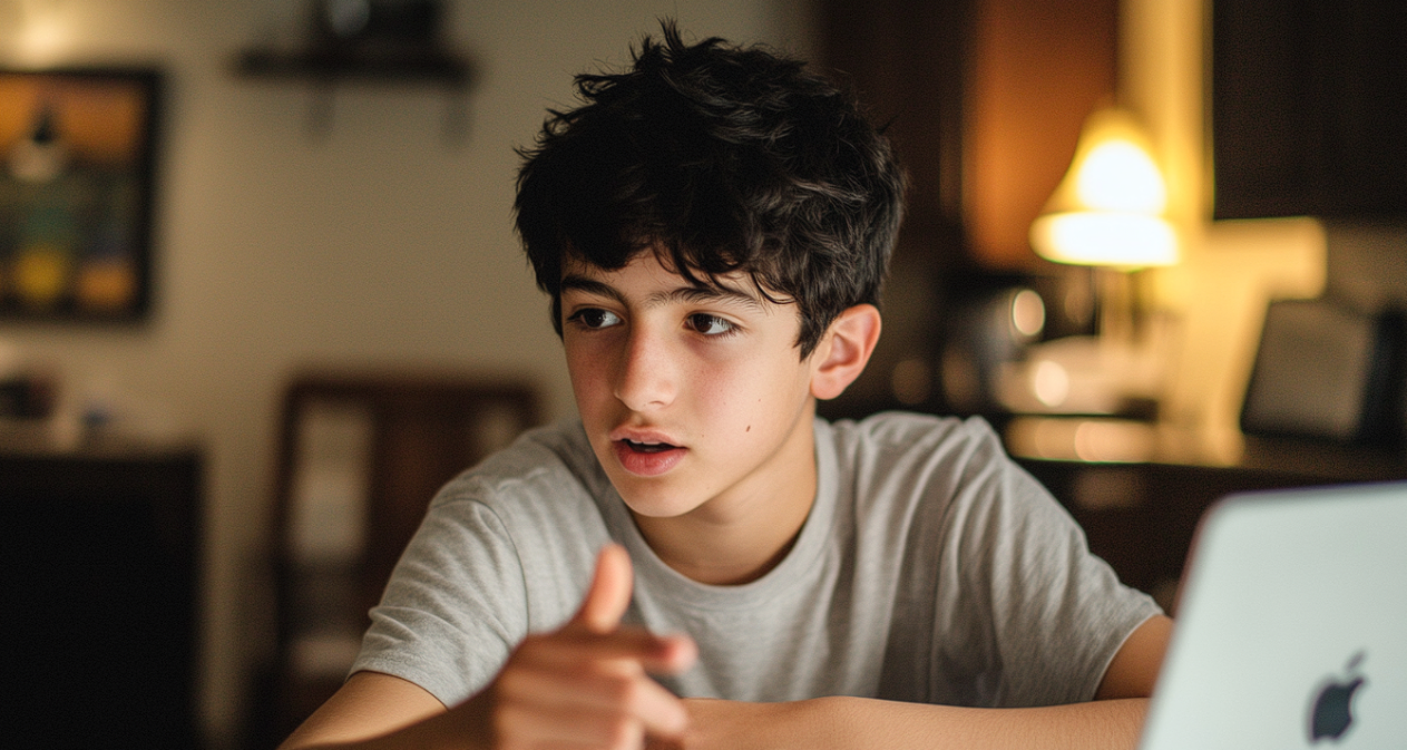 A teen boy gesturing at a laptop | Source: Midjourney