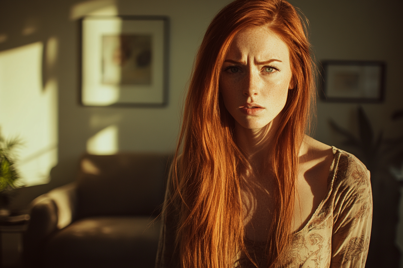 A beautiful woman in a living room looking worried | Source: Midjourney