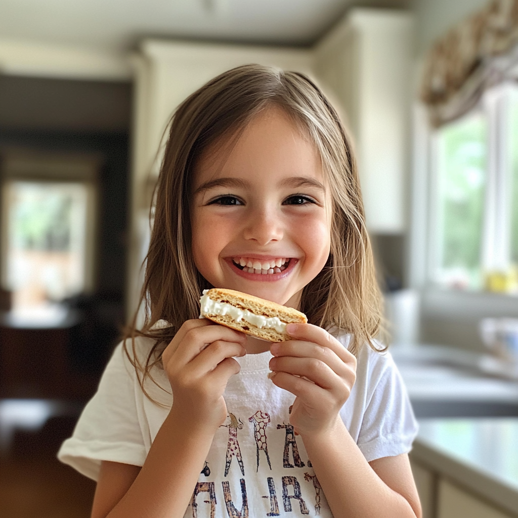 A smiling little girl holding an ice cream sandwich | Source: Midjourney