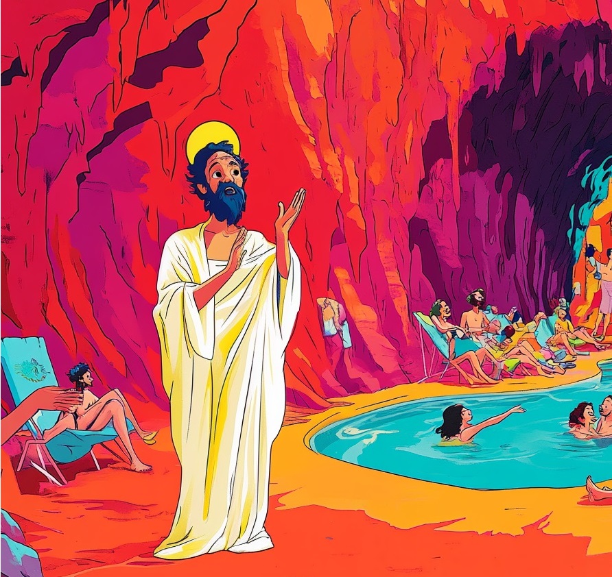 A cartoon version of God in Hell looking confused because people are having fun at the pool | Source: Midjourney