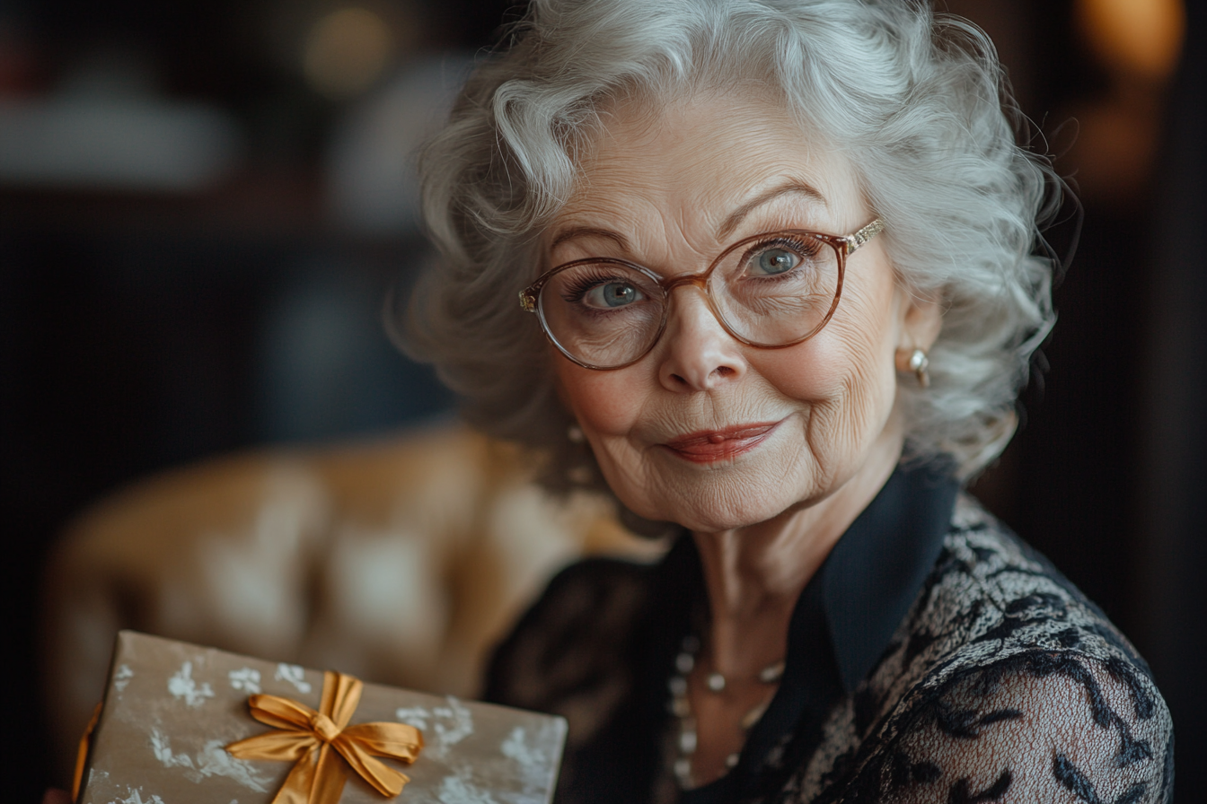 Senior woman holding a gift box | Source: Midjourney
