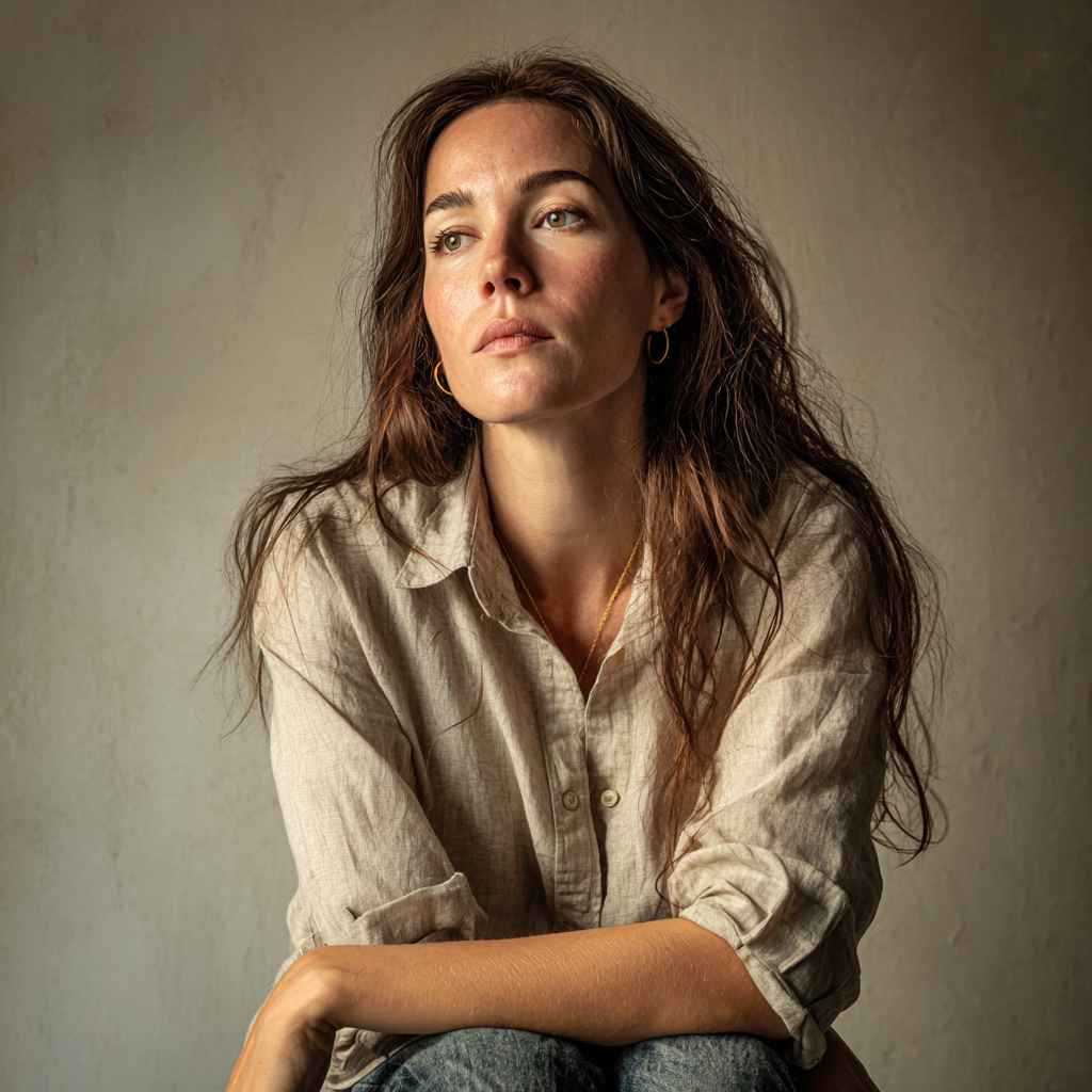 A pensive woman wearing a linen shirt | Source: Midjourney