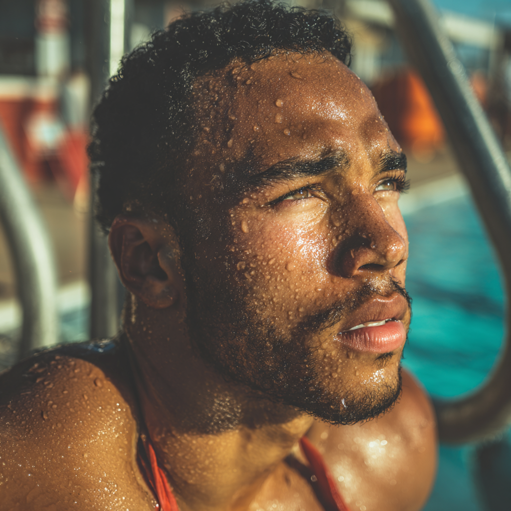 A close-up of a concerned and worried lifeguard | Source: Midjourney