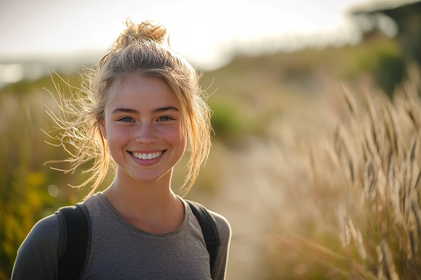 A young woman smiling while walking on a path | Source: Midjourney