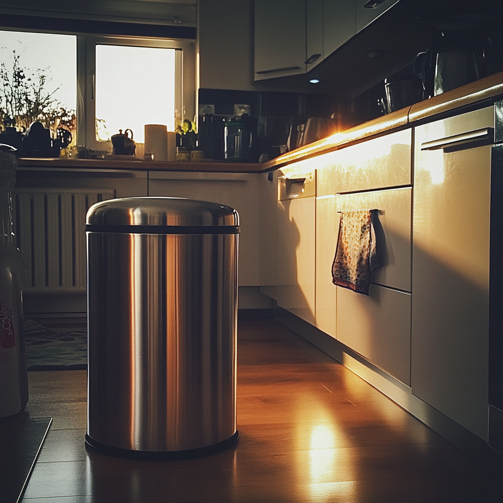 Uma lata de lixo prateada em uma cozinha | Fonte: Midjourney