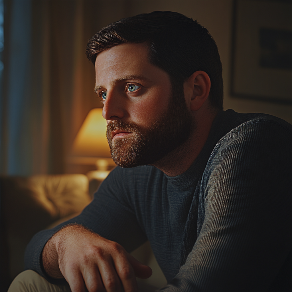 An anxious man sitting on the couch | Source: Midjourney