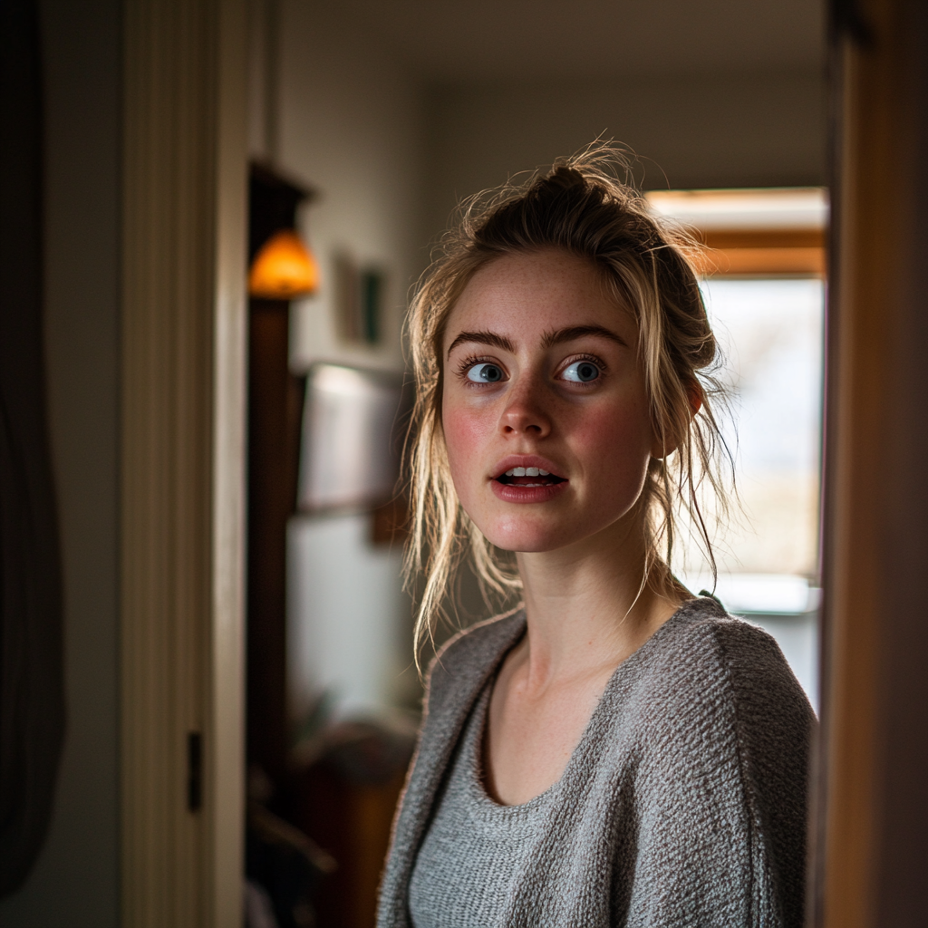 A woman looks startled while standing inside a house | Source: Midjourney