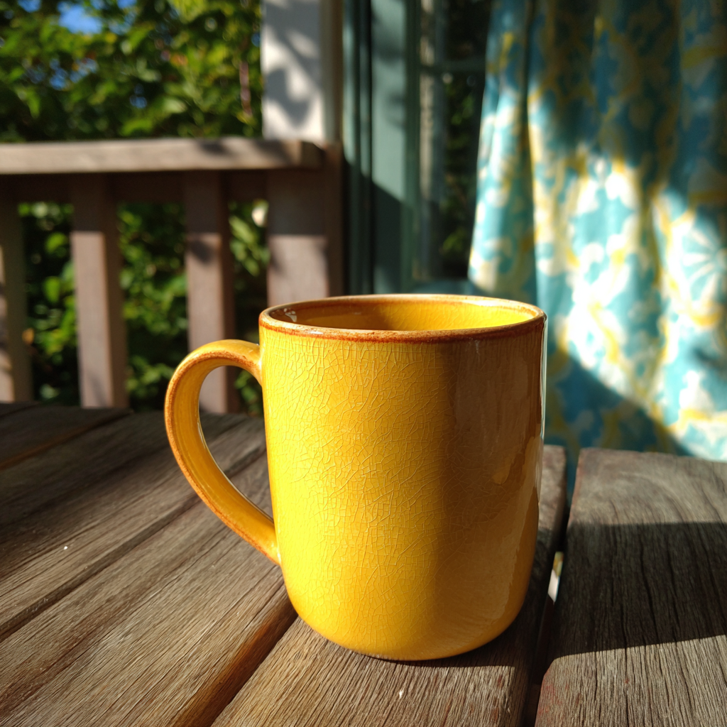 A yellow mug on a porch table | Source: Midjourney