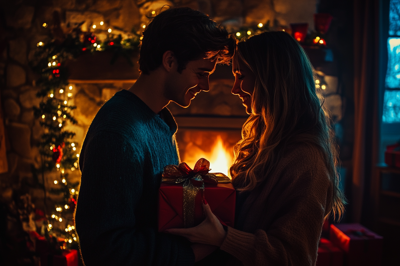 Couple exchanging Christmas gifts by a fireplace | Source: Midjourney