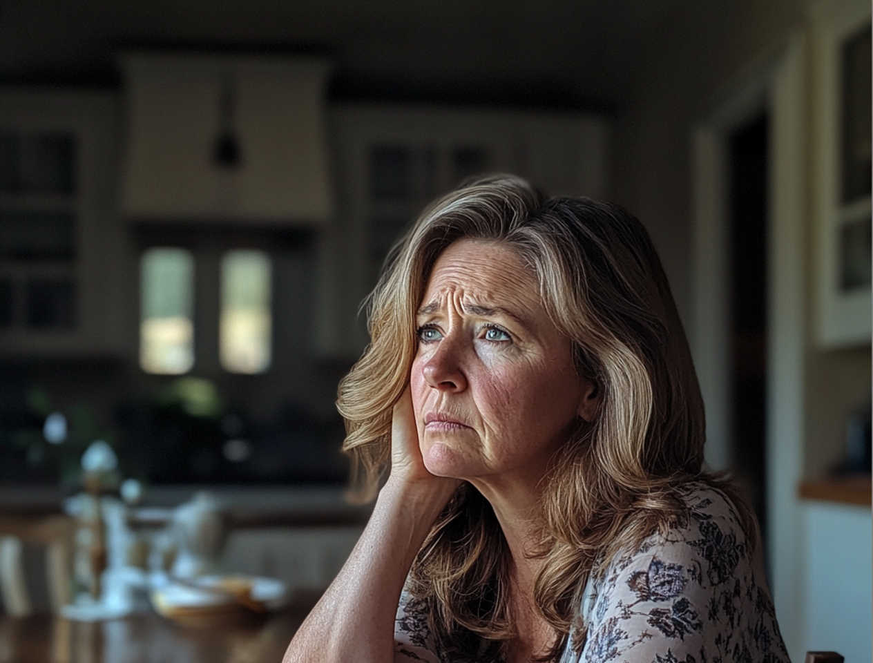 An upset older woman sitting at a kitchen table | Source: Midjourney