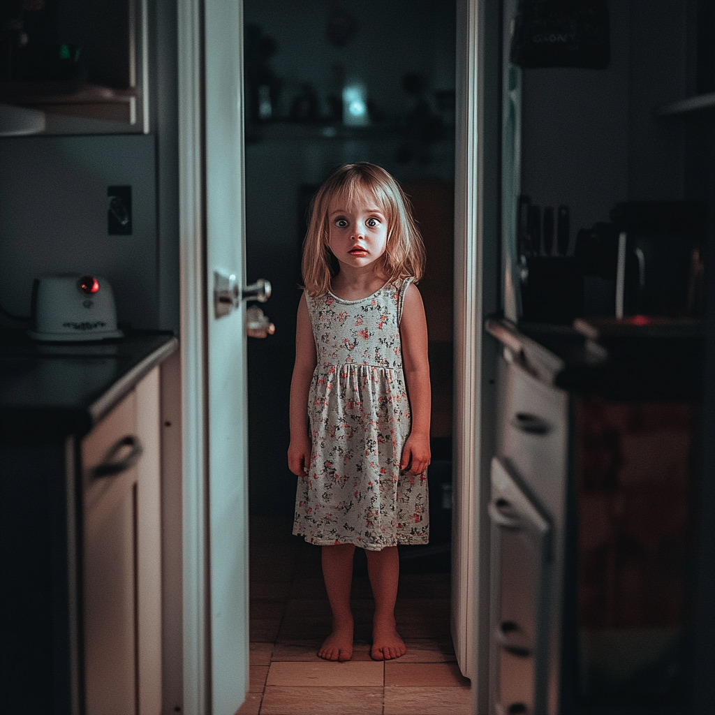 A scared girl in the kitchen doorway | Source: Midjourney