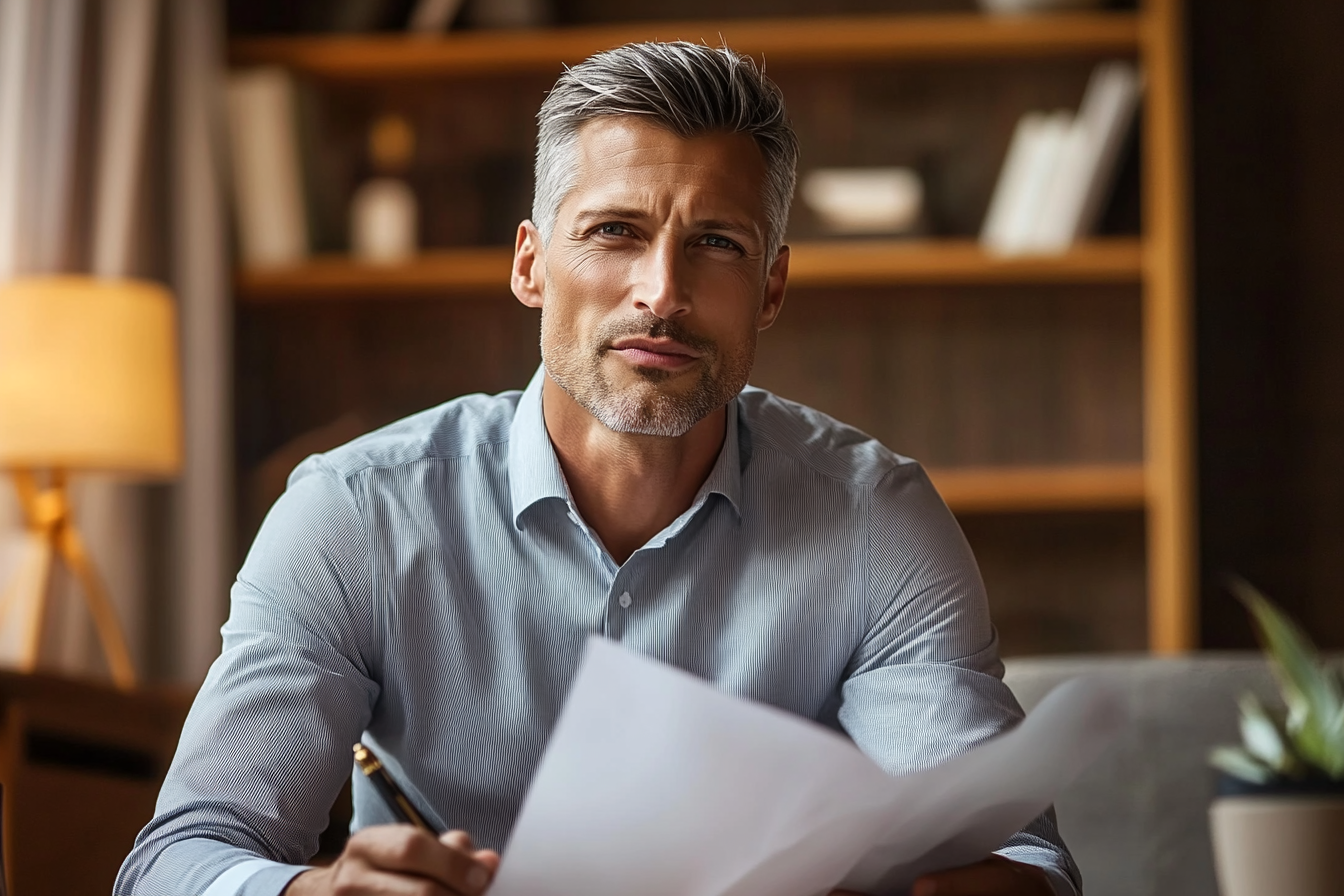 En tant qu'homme tenant des documents et souriant légèrement | Source : Midjourney