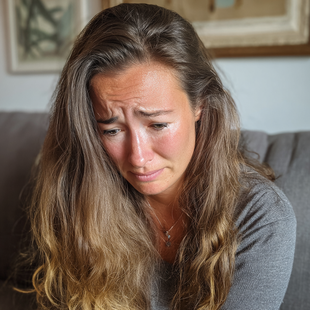A crying woman sitting on a couch | Source: Midjourney