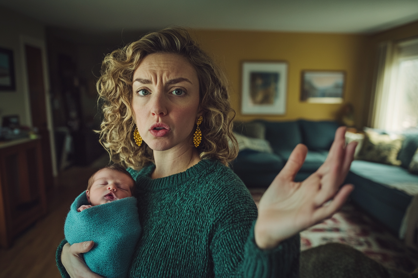 A woman in her 30s holding a newborn in a blanket, talking and waving her hand | Source: Midjourney